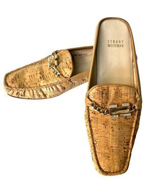 Stuart Weitzman Cork Slip-On Loafer Mules Gold Chain Crystal Accent Size 8 beige